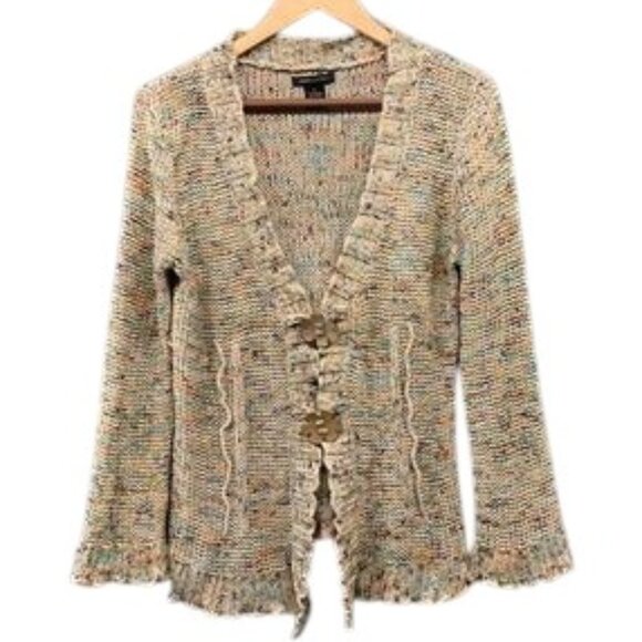 BCBG MaxAzria Knit Cardigan Women’s L Multicolor Flower Buttons Sweater Classic - Picture 1 of 11